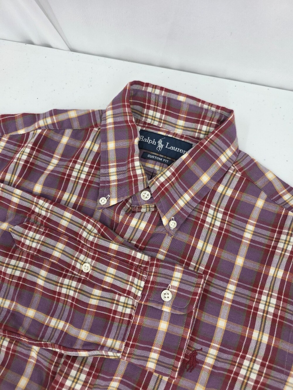 NWT Vintage Ralph Lauren Custom Fit Brushed Cotton Shirt Purple Red Plaid Mens S